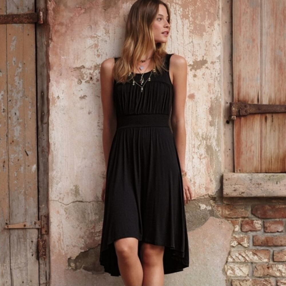 Anthropologie Girls of Savoy Annabel Dress Black Hi Low Hem Shirred Waist Sz S
